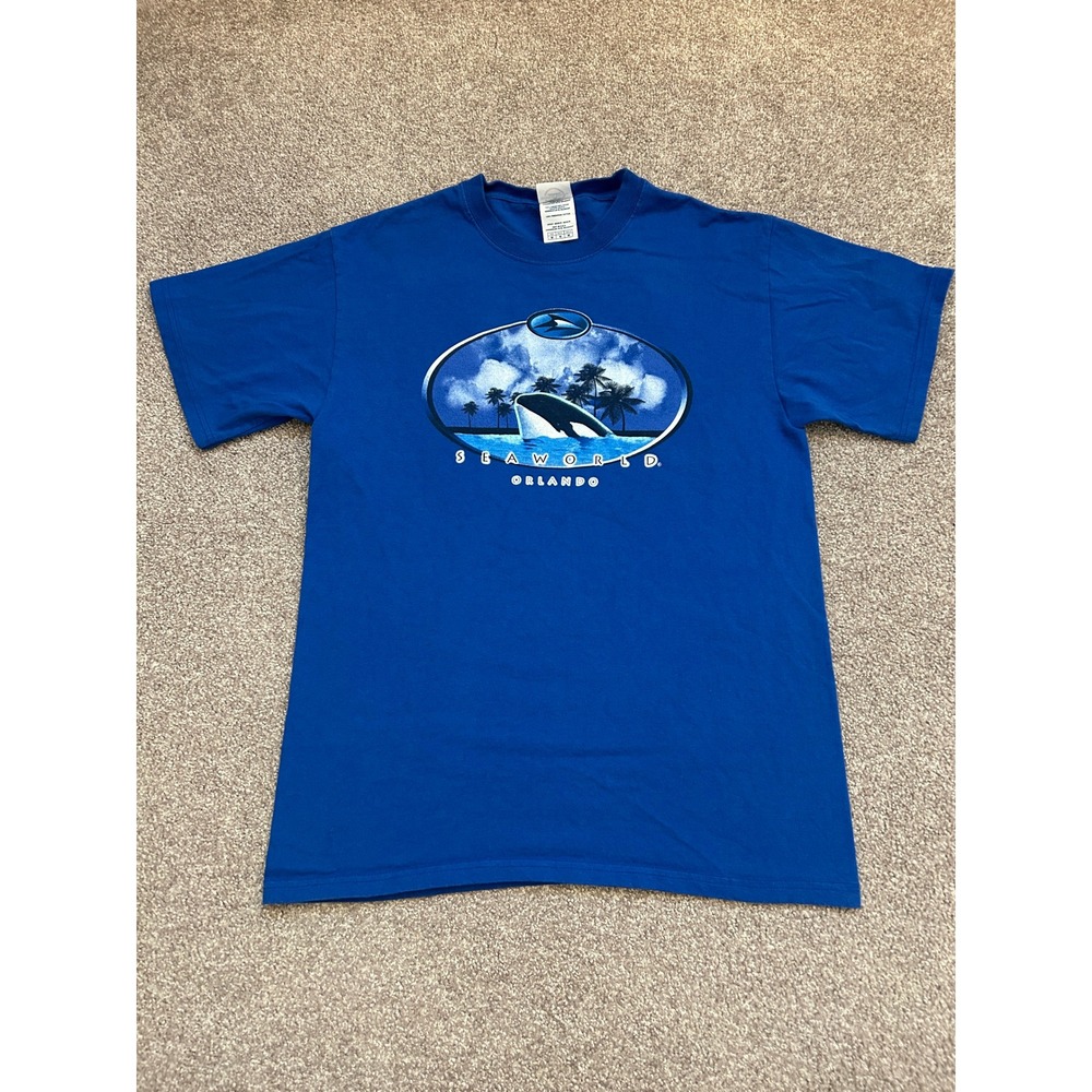 Y2K SeaWorld Orlando Shirt Adult Medium Blue Shamu Orca Graphic Florida Souvenir
